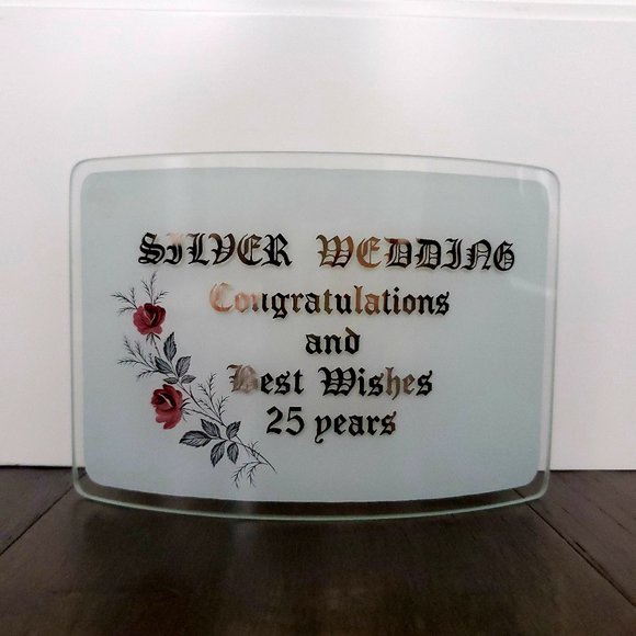 25th Wedding Annuversary Plaque Floral Frosted Glass Display Gift Party Table - Picture 1 of 6